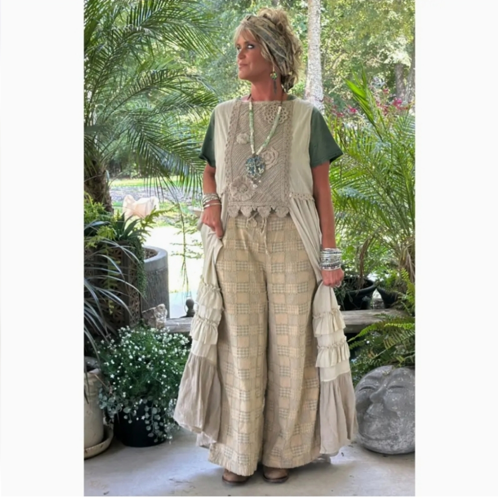 NEW Jaded Gypsy Checking On You Pants Chic Beige Wide-Leg Pants
